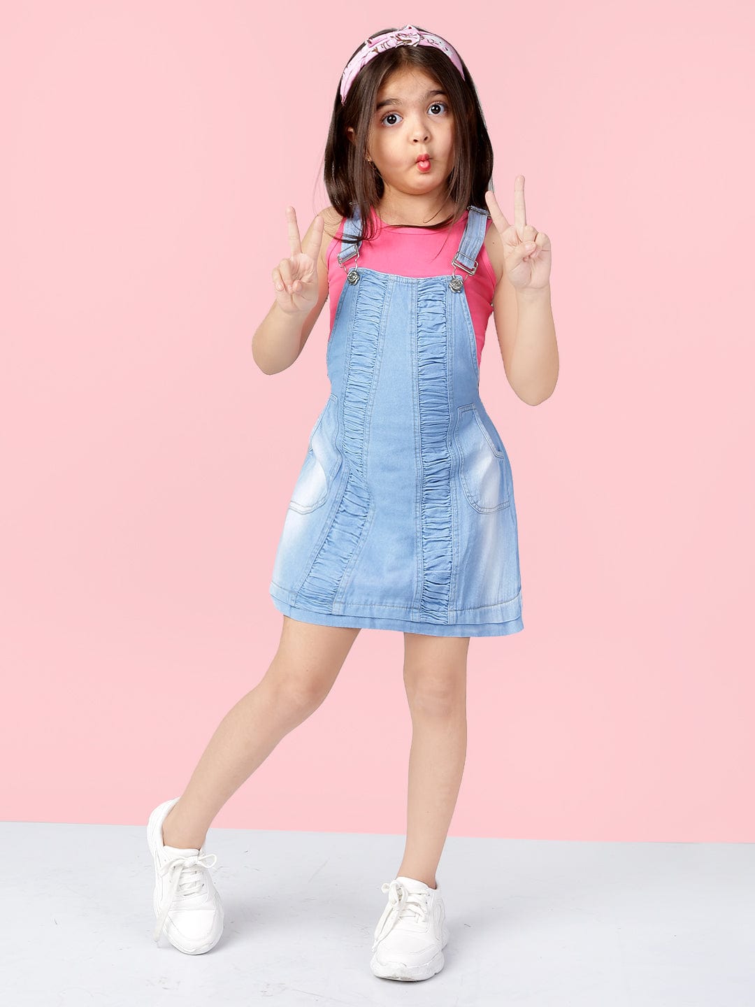 Denim Cotton Sleeveless A-line Pinafore Dungaree Dress With T