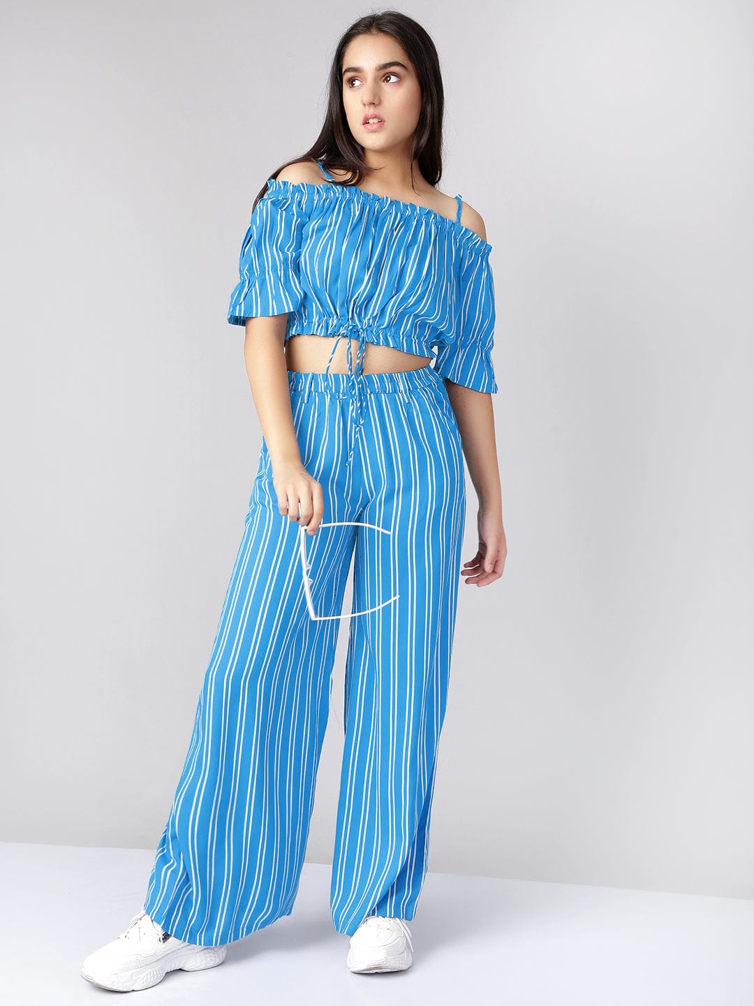 Off Shoulder Striped Cotton 2 Piece Top Palazzo Set For Teens