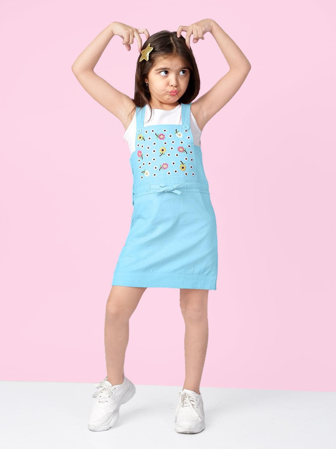Pure Cotton Sleeveless Embroidered A-line Pinafore Dungaree Dress With –  Naughty Ninos