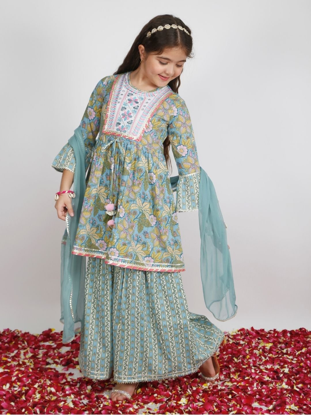 Girls Ethnic Cotton Kurta Sharara & Dupatta Set