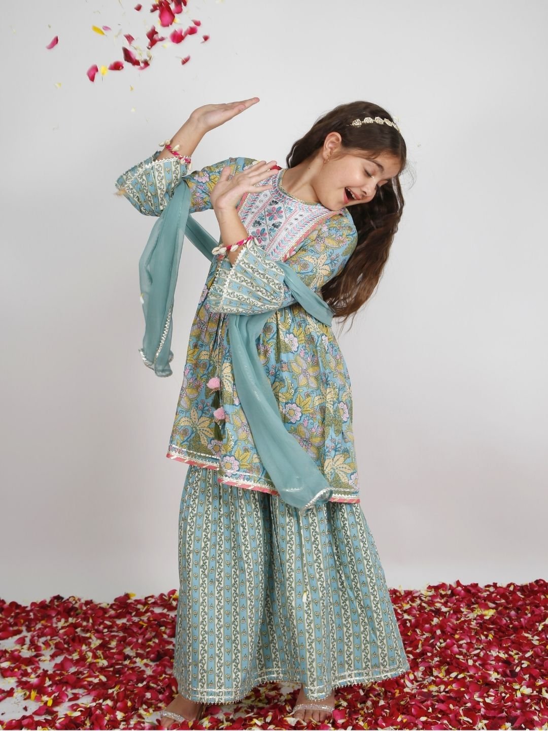 Girls Ethnic Cotton Kurta Sharara & Dupatta Set