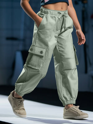 Girls Cotton Solid Cargo Pants_Light Green