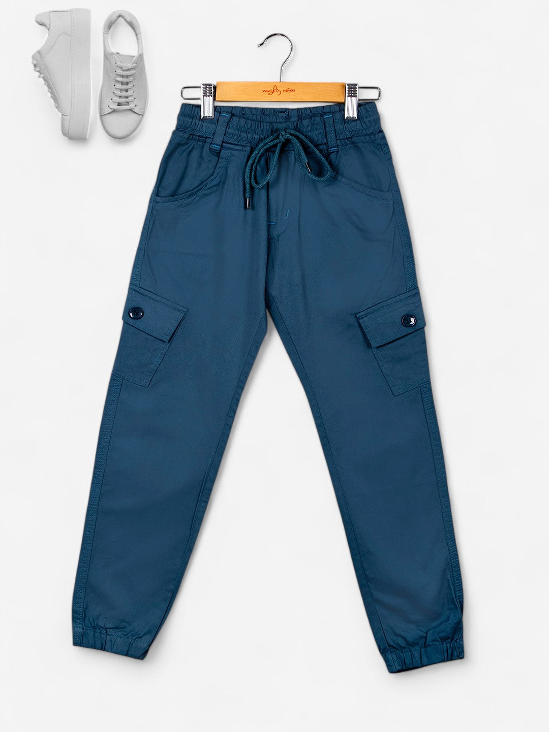 Girls Cotton Solid Cargo Pants_Teal