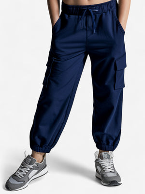 Girls Cotton Solid Cargo Pants_Navy Blue