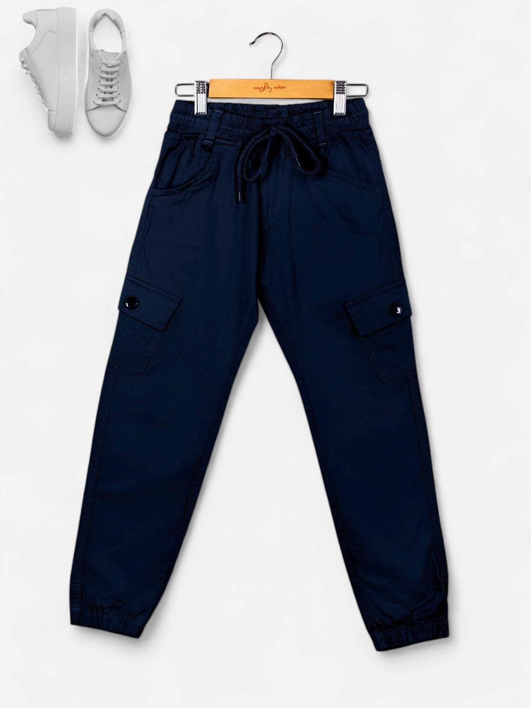 Girls Cotton Solid Cargo Pants_Navy Blue