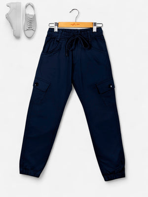 Girls Cotton Solid Cargo Pants_Navy Blue