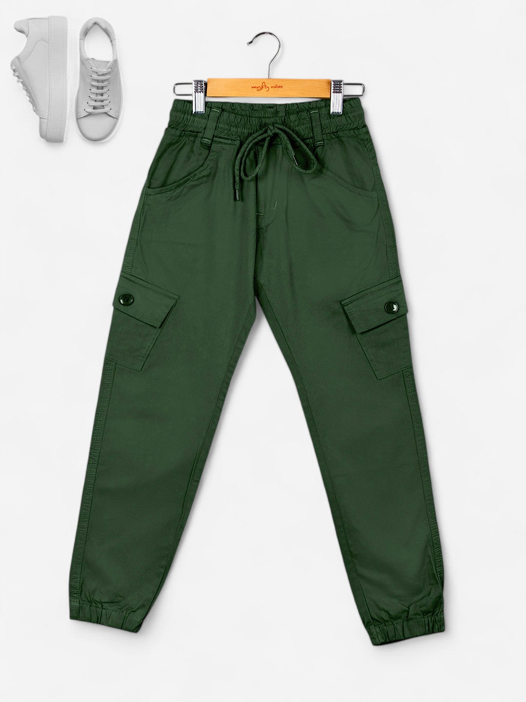 Girls Cotton Solid Cargo Pants_Dark Green