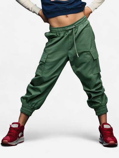 Girls Cotton Solid Cargo Pants_Dark Green