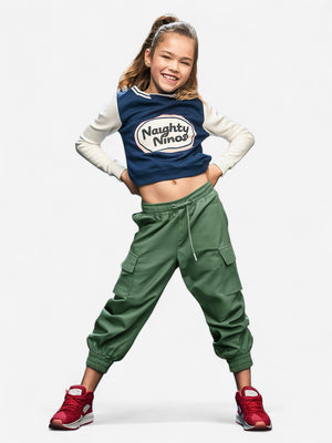 Girls Cotton Solid Cargo Pants_Dark Green