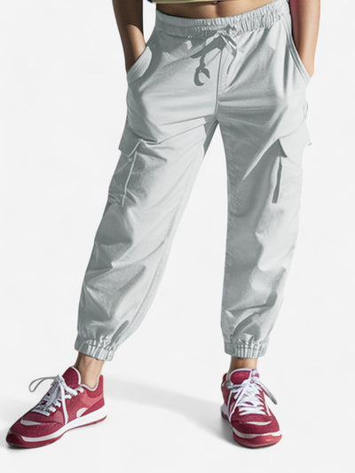 Girls Cotton Solid Cargo Pants_Silver