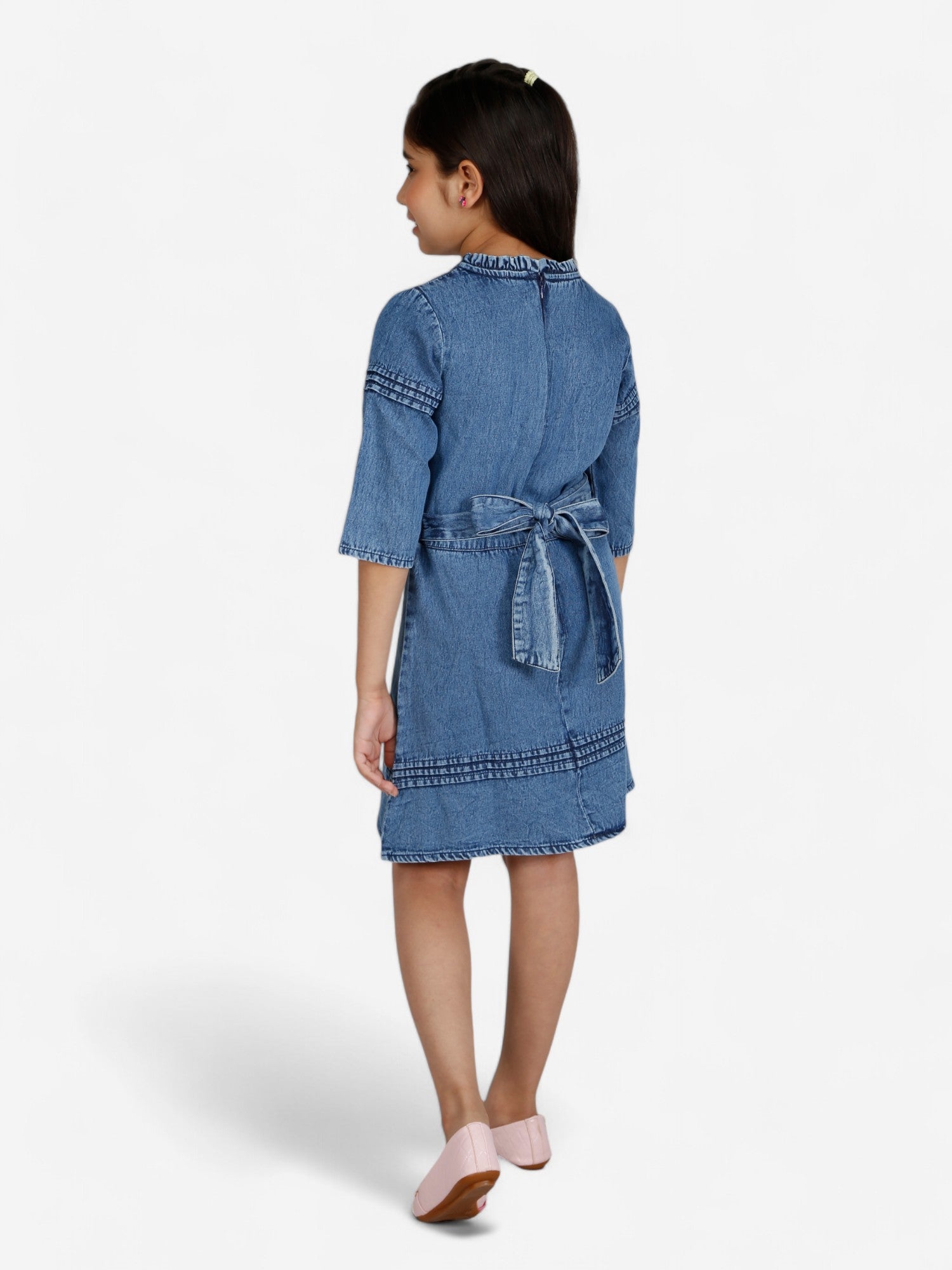 Girls Denim Embroidered Fit & Flare Dress_Blue