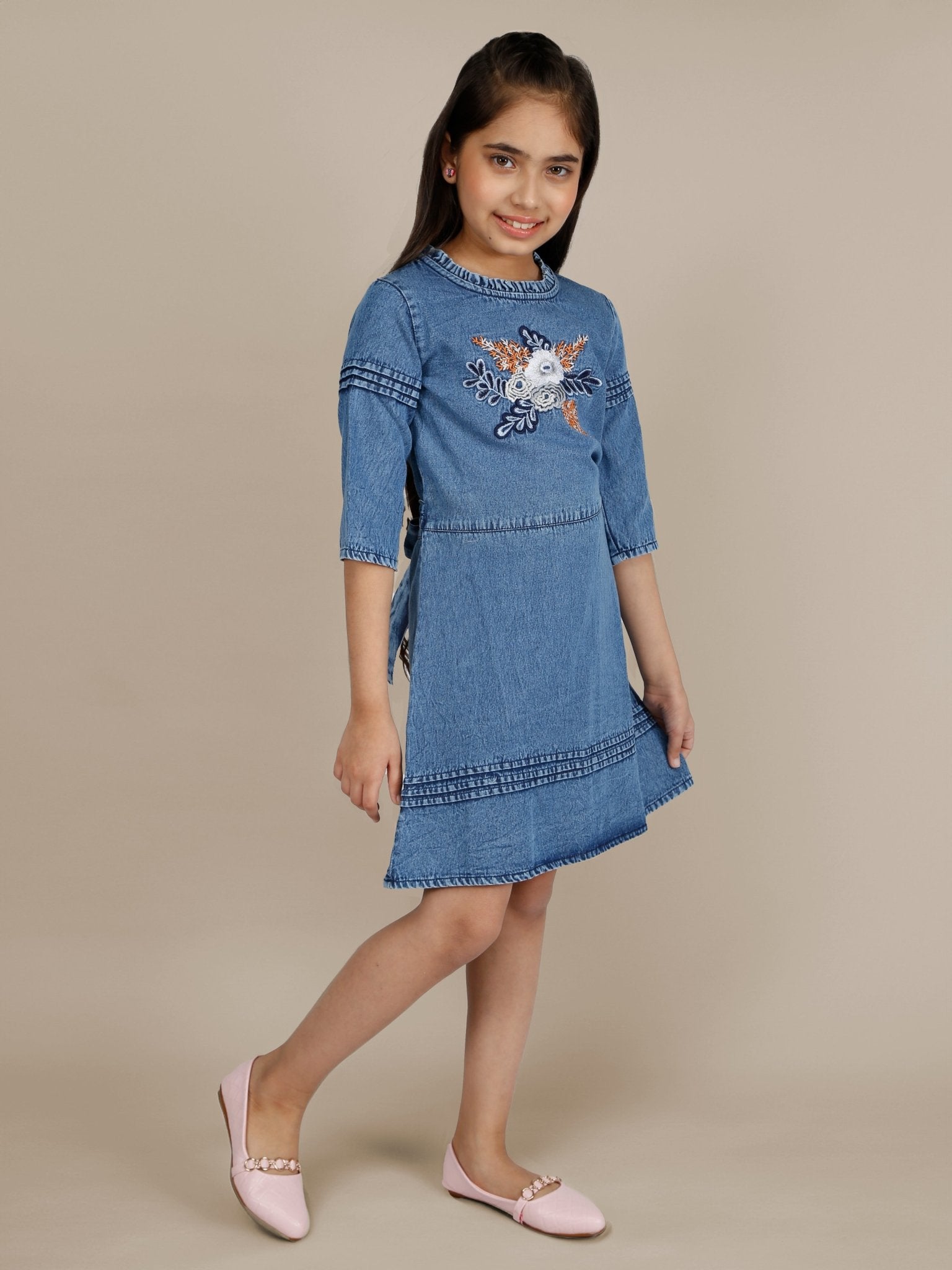 Girls Denim Embroidered Fit & Flare Dress_Blue