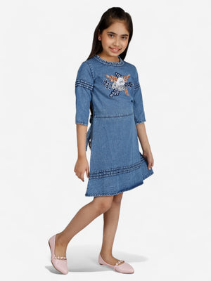 Girls Denim Embroidered Fit & Flare Dress_Blue