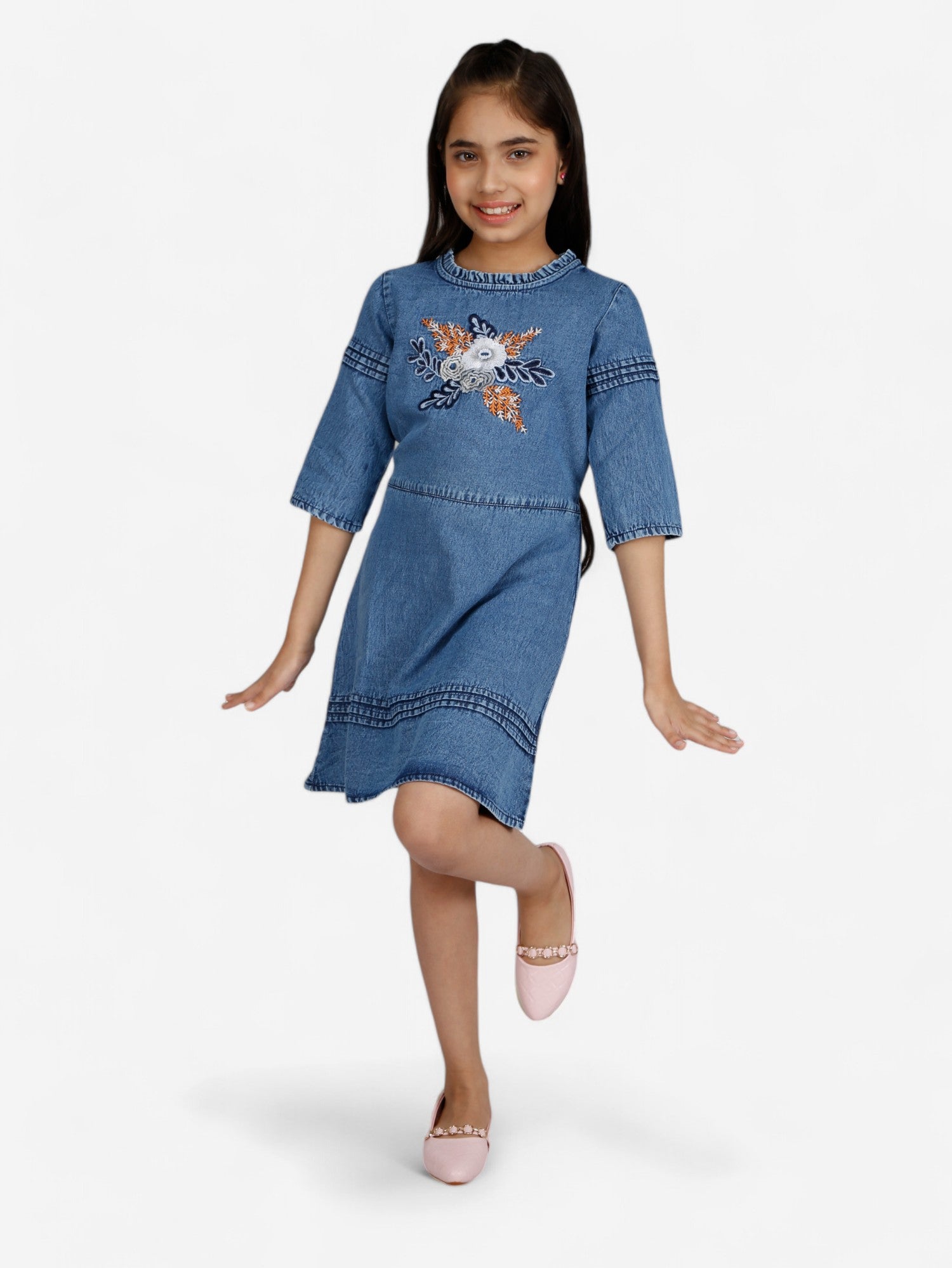 Girls Denim Embroidered Fit & Flare Dress_Blue