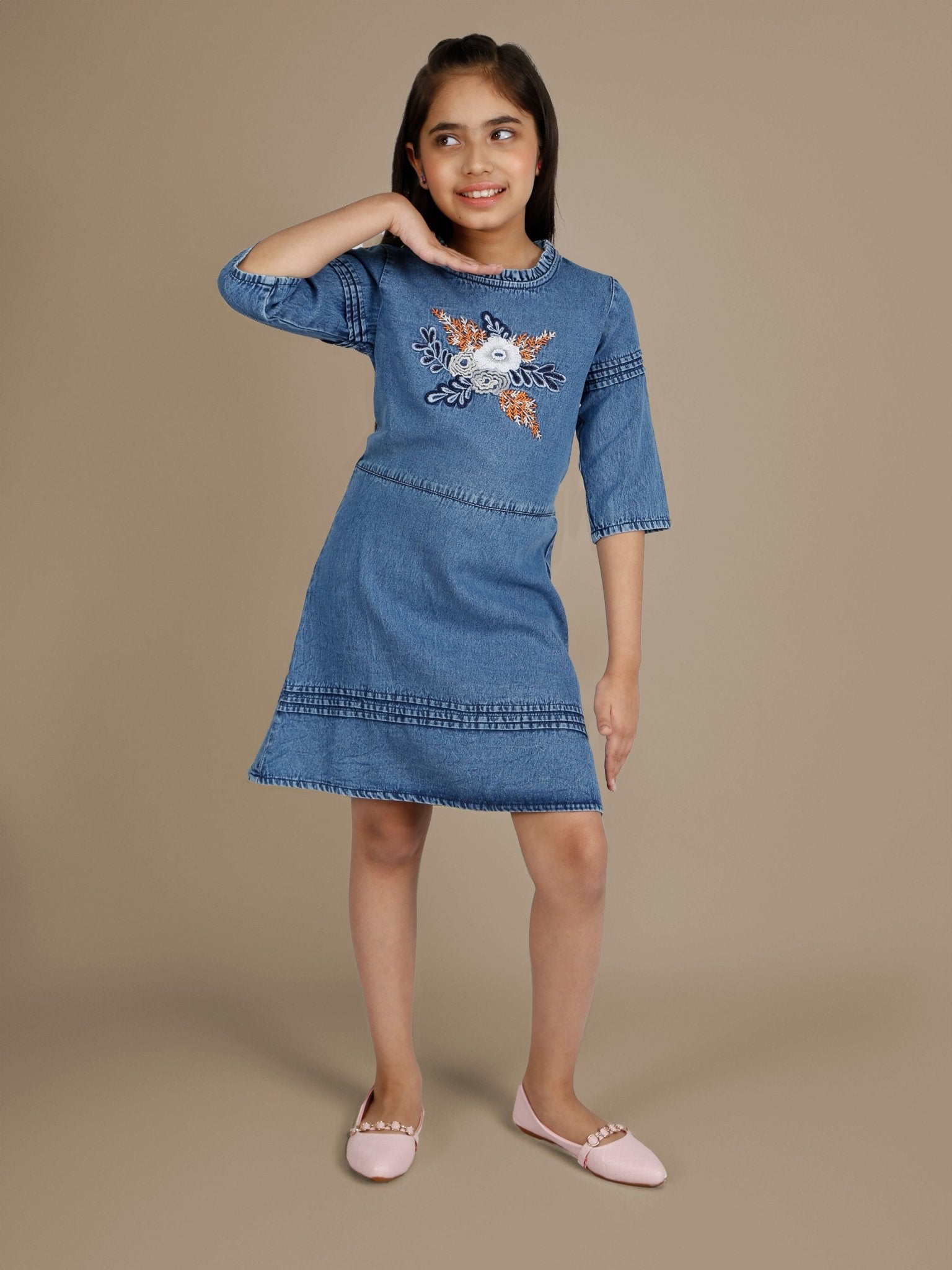 Girls Denim Embroidered Fit & Flare Dress_Blue