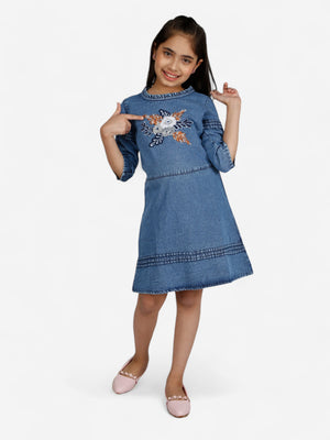 Girls Denim Embroidered Fit & Flare Dress_Blue