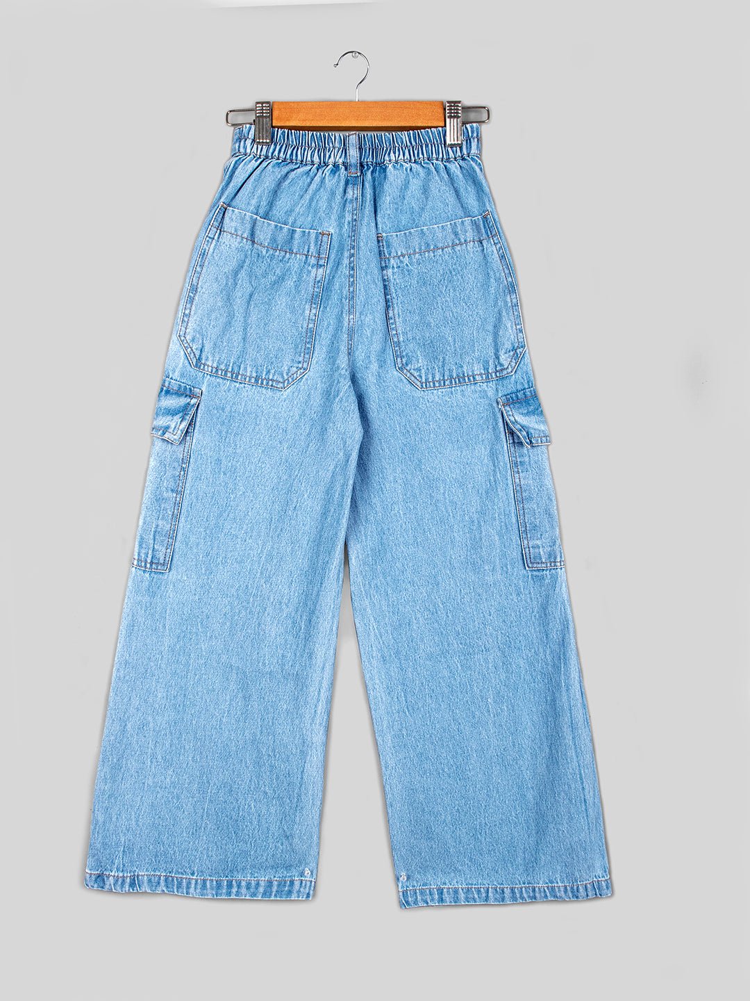 Girls Denim Flared Cargo Pants_Blue