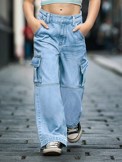 Girls Denim Flared Cargo Pants_Blue