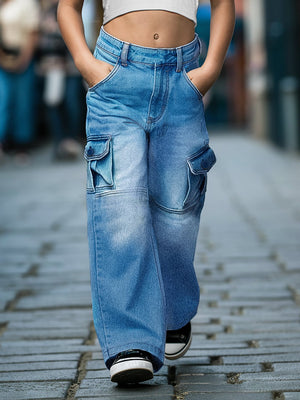 Girls Denim Flared Cargo Pants_Dark Blue