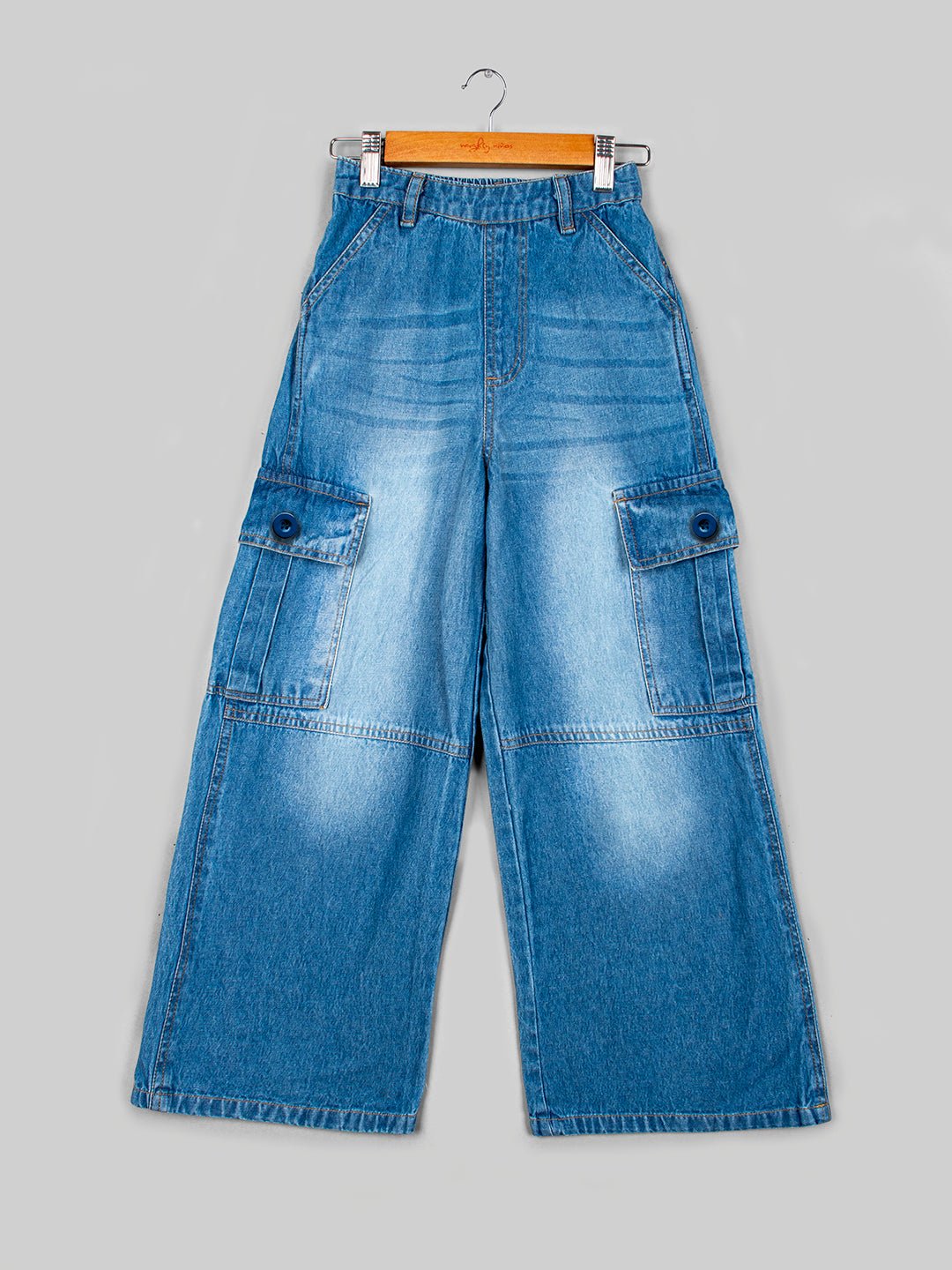 Girls Denim Flared Cargo Pants_Dark Blue