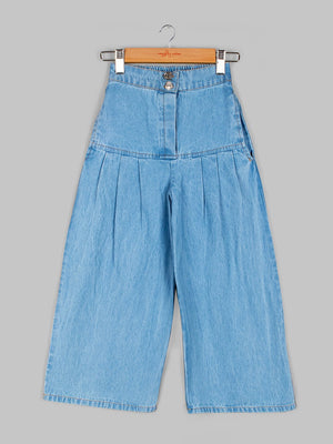 Girls Denim Pleated Flared Jeans_Blue