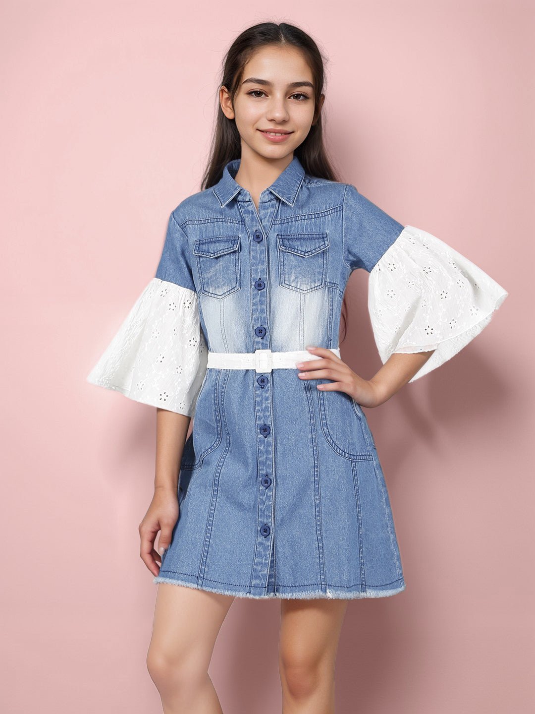 Girls Denim Schiffli Sleeves Shirt Dress_Blue