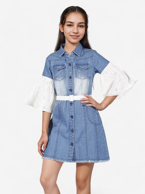 Girls Denim Schiffli Sleeves Shirt Dress_Blue