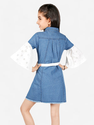 Girls Denim Schiffli Sleeves Shirt Dress_Blue