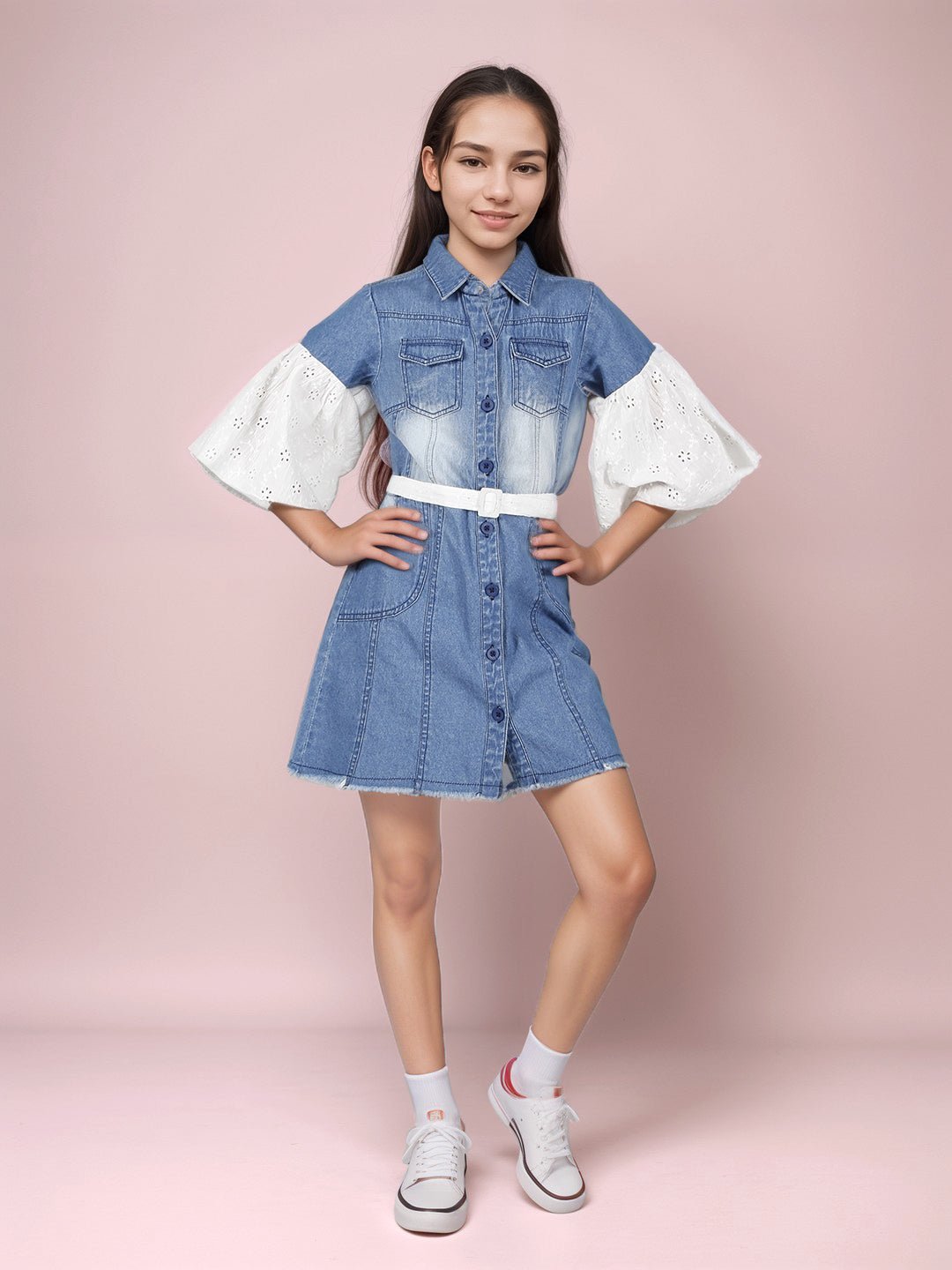 Girls Denim Schiffli Sleeves Shirt Dress_Blue