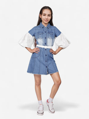 Girls Denim Schiffli Sleeves Shirt Dress_Blue