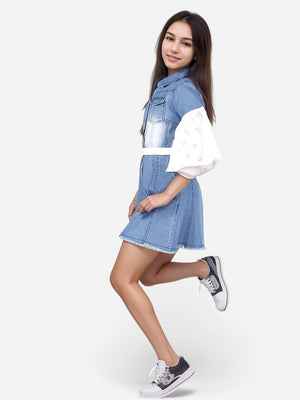 Girls Denim Schiffli Sleeves Shirt Dress_Blue