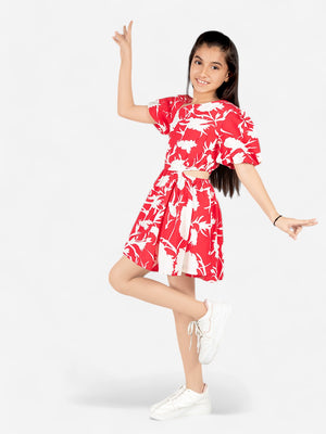 Girls Floral Fit & Flare Dress_Red