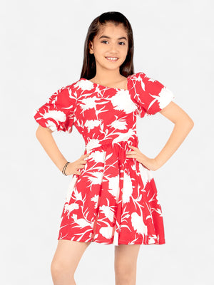 Girls Floral Fit & Flare Dress_Red