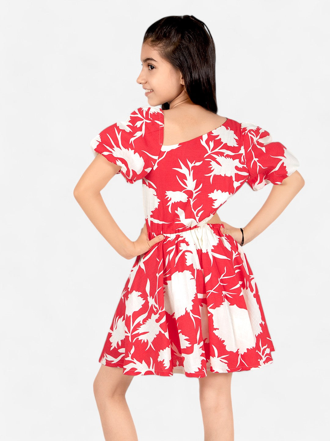 Girls Floral Fit & Flare Dress_Red