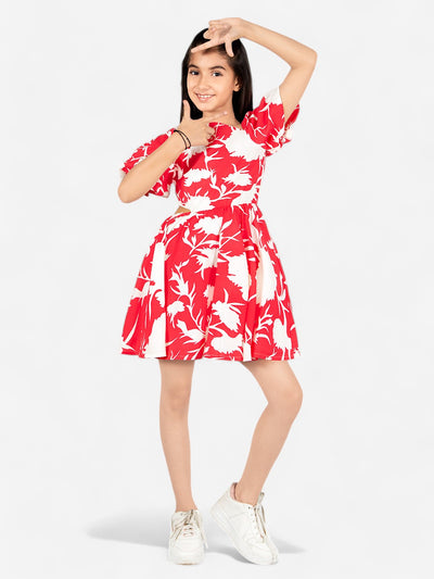 Girls Floral Fit & Flare Dress_Red