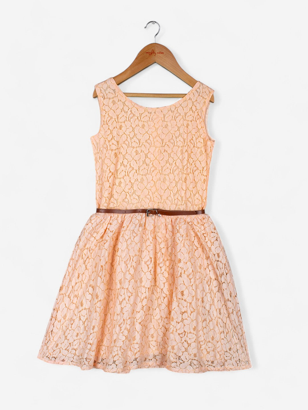 Girls Floral Lace Flared Dress_Peach