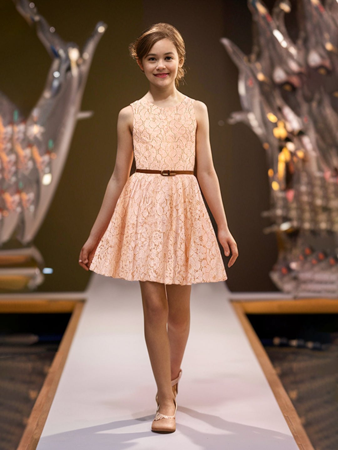 Girls Floral Lace Flared Dress_Peach