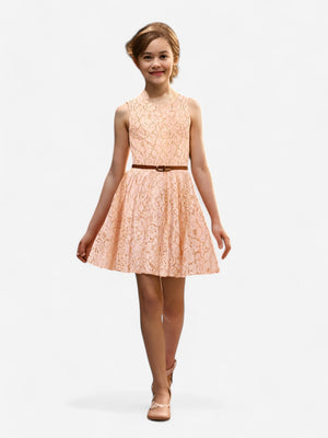 Girls Floral Lace Flared Dress_Peach