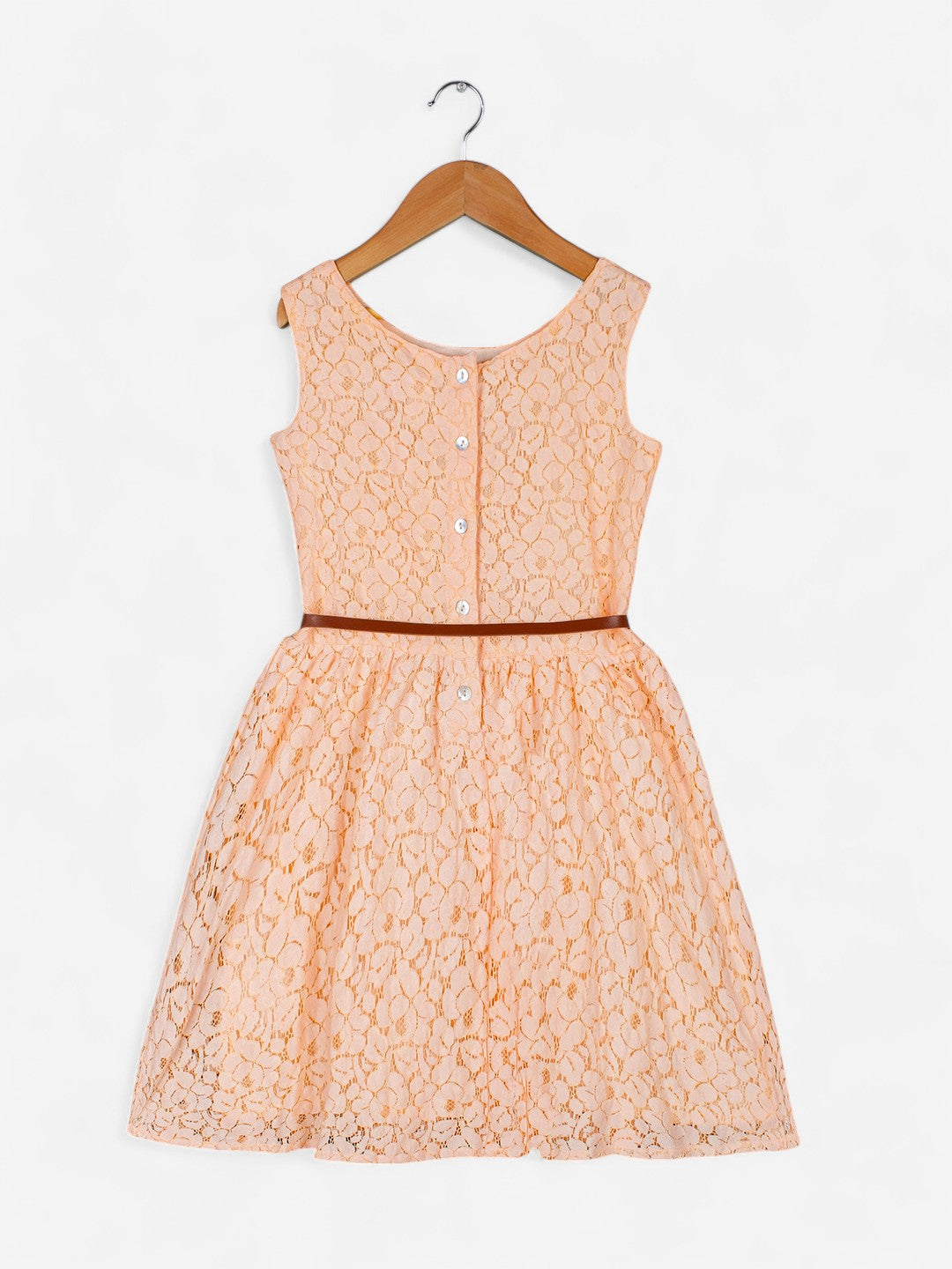 Girls Floral Lace Flared Dress_Peach