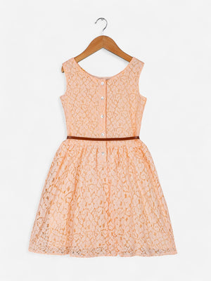 Girls Floral Lace Flared Dress_Peach