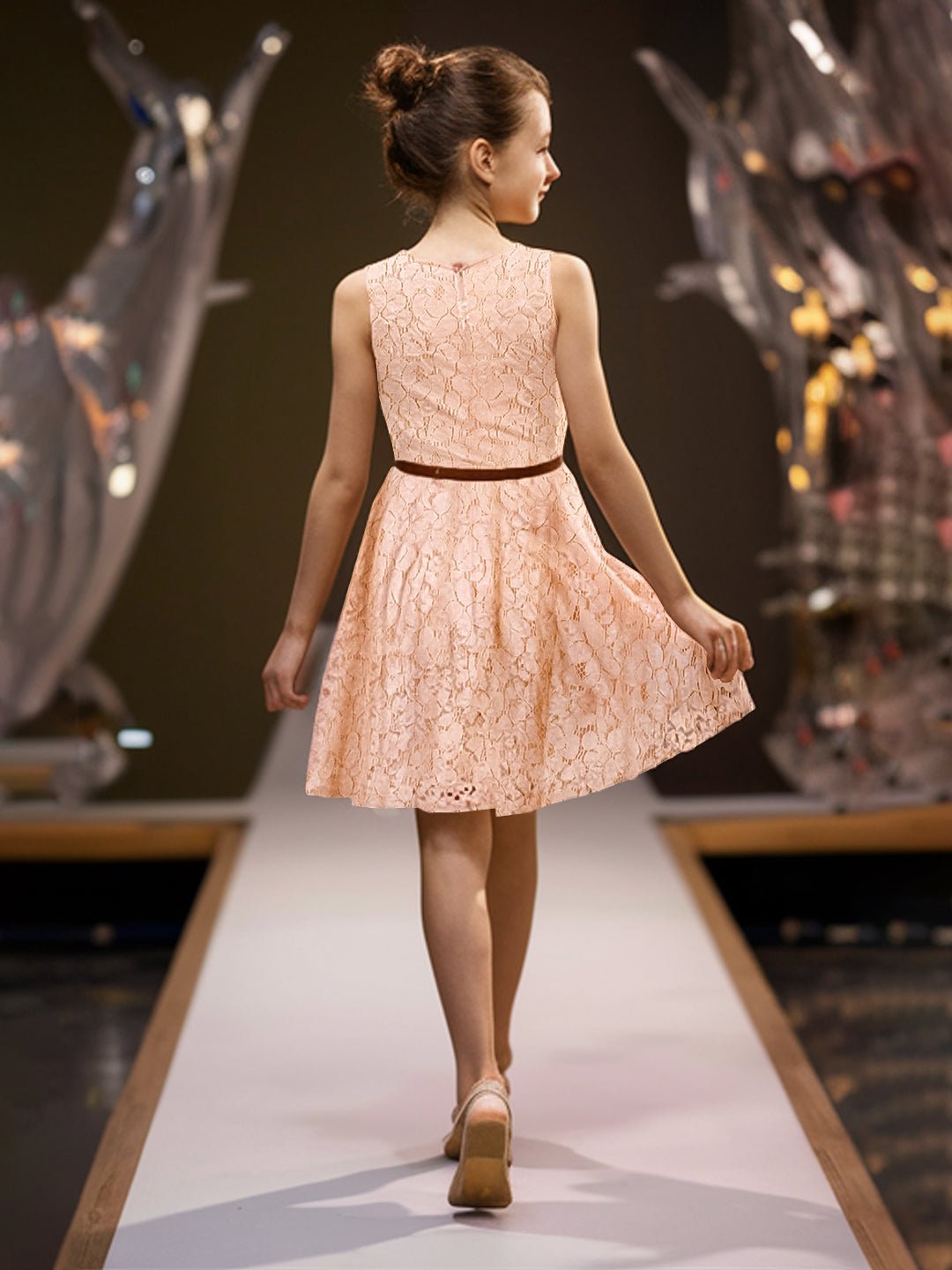 Girls Floral Lace Flared Dress_Peach