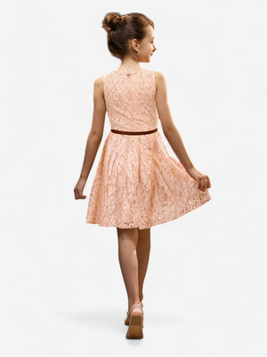 Girls Floral Lace Flared Dress_Peach