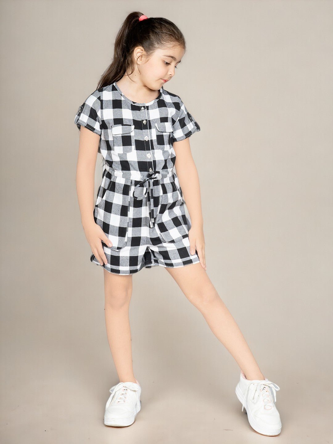 Girls Checked Cotton Jumpsuit