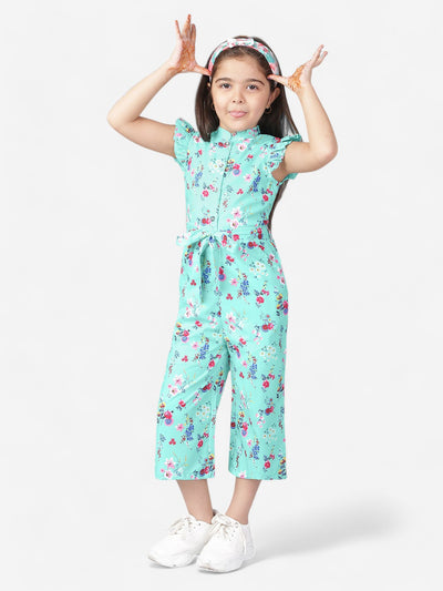 Girls Floral Printed Jumpsuit_Turquoise blue