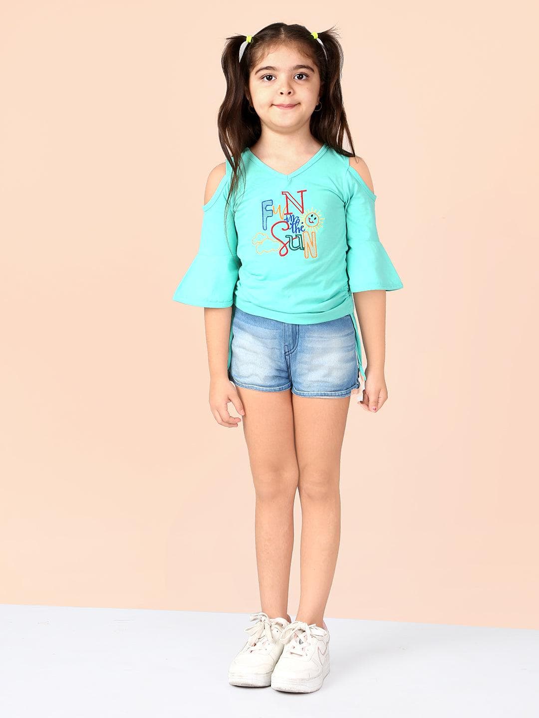 Girls Cotton Bell Sleeves Top with Shorts