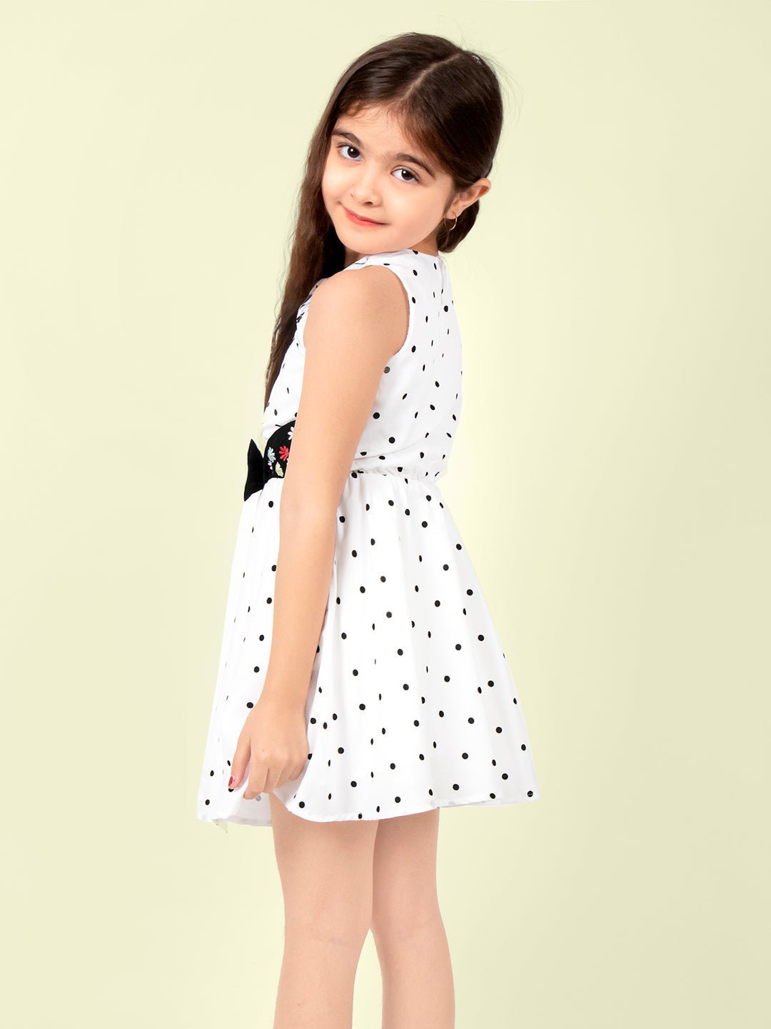 polka dot printed embroidered polyester sleeveless fit flare dress for girls 296069