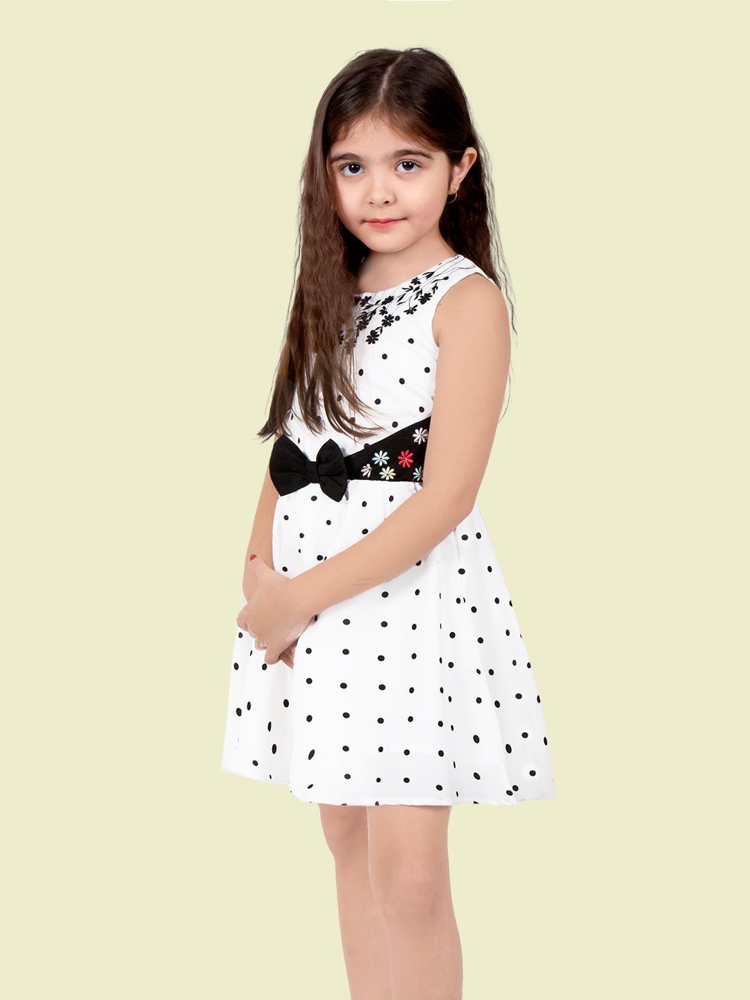 polka dot printed embroidered polyester sleeveless fit flare dress for girls 348765