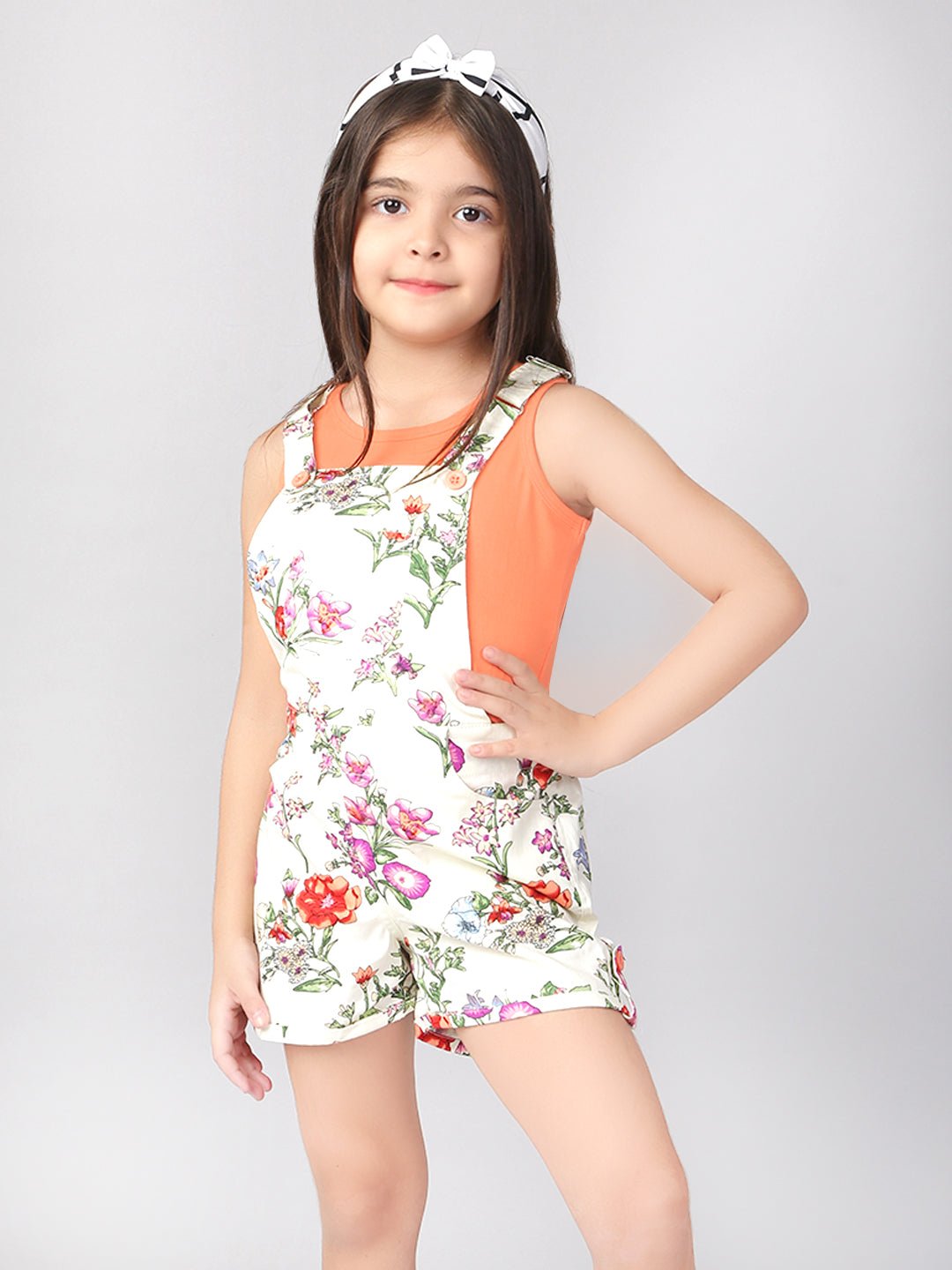 Girls Cotton Printed Dungaree with T-shirt