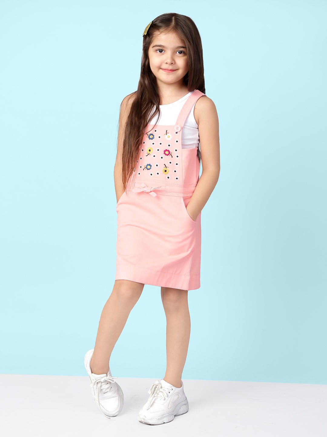 Girls Cotton Embroidered Pinafore Dungaree with T-Shirt