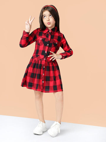 Red Check Print Button Front Shirt Dress | PrettyLittleThing QA